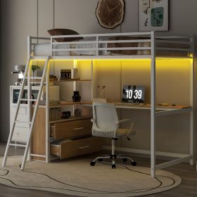 Twin Size Metal&Wood Loft Bed with Desk and Shelves, Two Built-in Drawers, LED Light and USB Charging Station, White