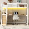 Twin Size Metal&Wood Loft Bed with Desk and Shelves, Two Built-in Drawers, LED Light and USB Charging Station, White