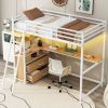 Twin Size Metal&Wood Loft Bed with Desk and Shelves, Two Built-in Drawers, LED Light and USB Charging Station, White